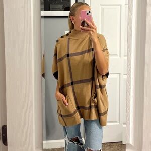 New York & Company Tan & Black Plaid Sweater Poncho